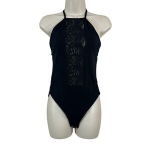 Pink Victoria Secret Women's Bodysuit Black Cotton Halter‎ Lace Cami Top Size M